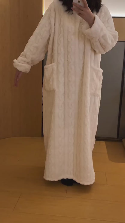 Winter Coral Fleece Sleepwear Women's Nightgown Long Night Dress Pajamas With Pockets Thickened Jacquard Dress Warm Home Clothes