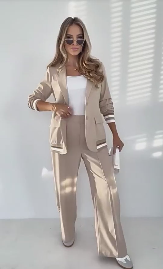 2 Pcs Set Women Suit Coat Pants Suit Lapel Long Sleeves Lady Jacket Wide Leg High Waist Trousers Female Commuting Office Outfit