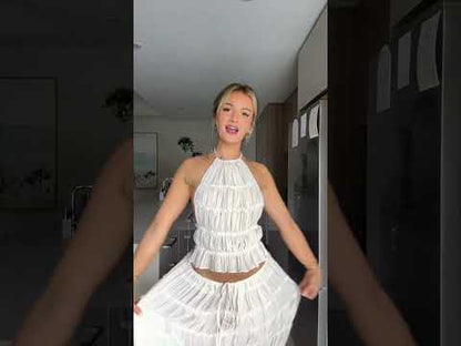 2pcs Women's Dress Suit Sexy Sleeveless Backless Cropped Halter Top And Pleated Long Skirt Beach Clothing