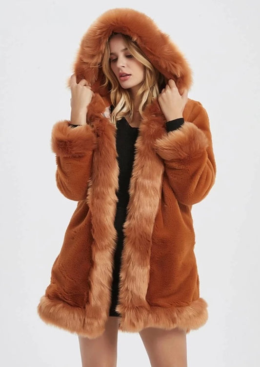Womens Hooded Faux Fur Collar Coat Yellow Pandora